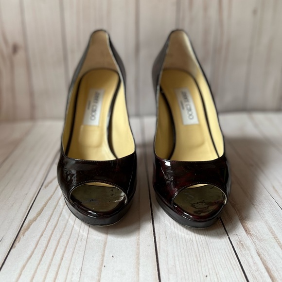 Authentic Jimmy Choo Patent Leather Open Peep Toe Platform Heels - Picture 3 of 7
